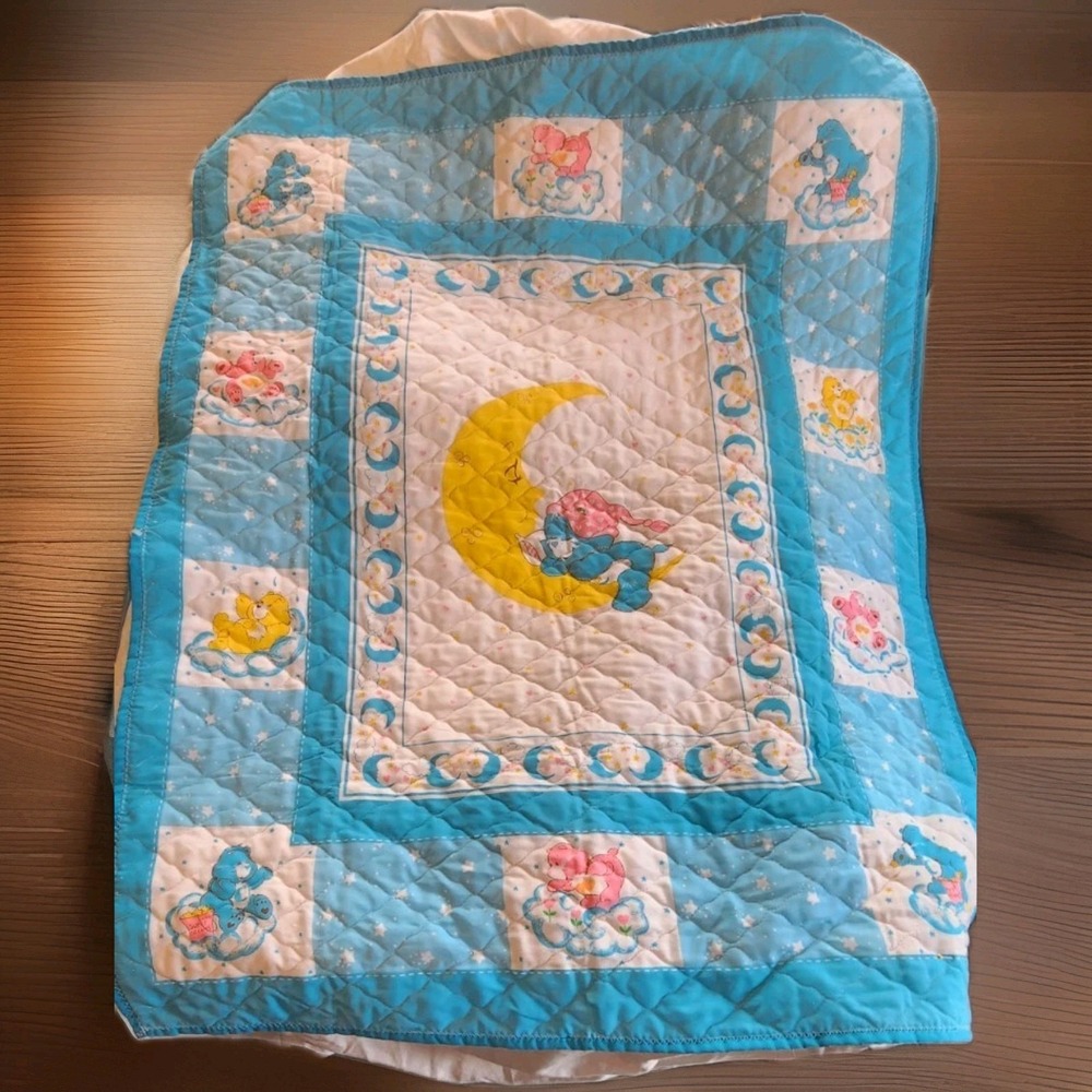 VTG Care Bears Baby Throw Quilt Crib Blanket Blue 44 X 34 Tapestry Wall Hanging